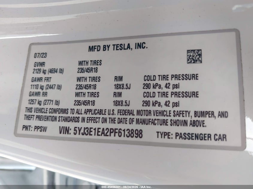 2023 Tesla Model 3 VIN 5YJ3E1EA2PF613898 IAAI salvage auction — FRONT END, Salvage Title, sold $9,150 on 2026-07-16 (photo 9)