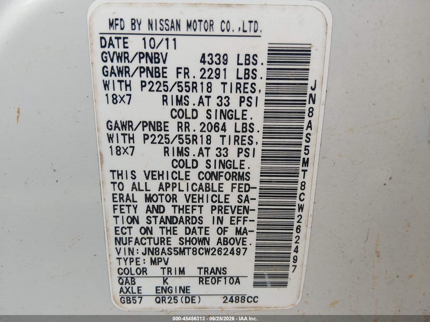 2012 Nissan Rogue VIN JN8AS5MT8CW262497 IAAI salvage auction — FRONT END, Salvage (Mississippi), sold $25 on 2026-07-30 (photo 9)