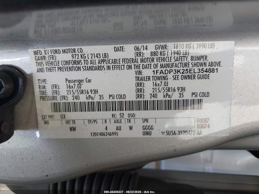 2014 Ford Focus VIN 1FADP3K25EL354881 IAAI salvage auction — NORMAL WEAR, Clear (Texas), sold $625 on 2026-07-18 (photo 9)