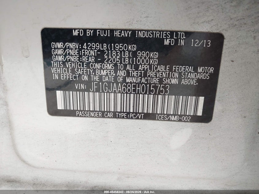 2014 Subaru Impreza VIN JF1GJAA68EH015753 IAAI salvage auction — FRONT END, Bill Of Sale (Washington), sold $500 on 2026-07-22 (photo 9)