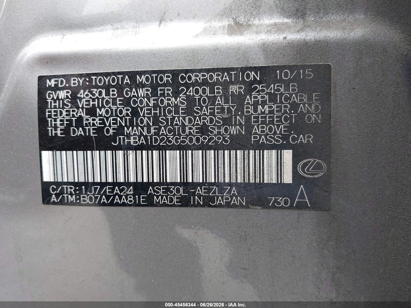 2016 Lexus Is VIN JTHBA1D23G5009293 IAAI salvage auction — FRONT END, Salvage (California), sold $1,100 on 2026-07-15 (photo 9)