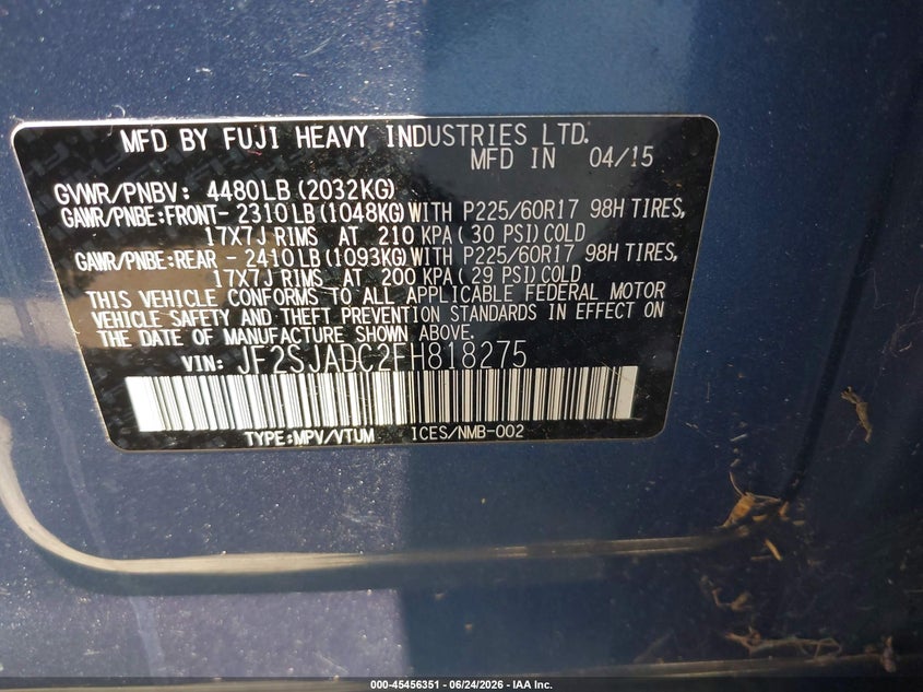 2015 Subaru Forester VIN JF2SJADC2FH818275 IAAI salvage auction — REAR END, Salvage Title, sold $1,200 on 2026-07-28 (photo 9)