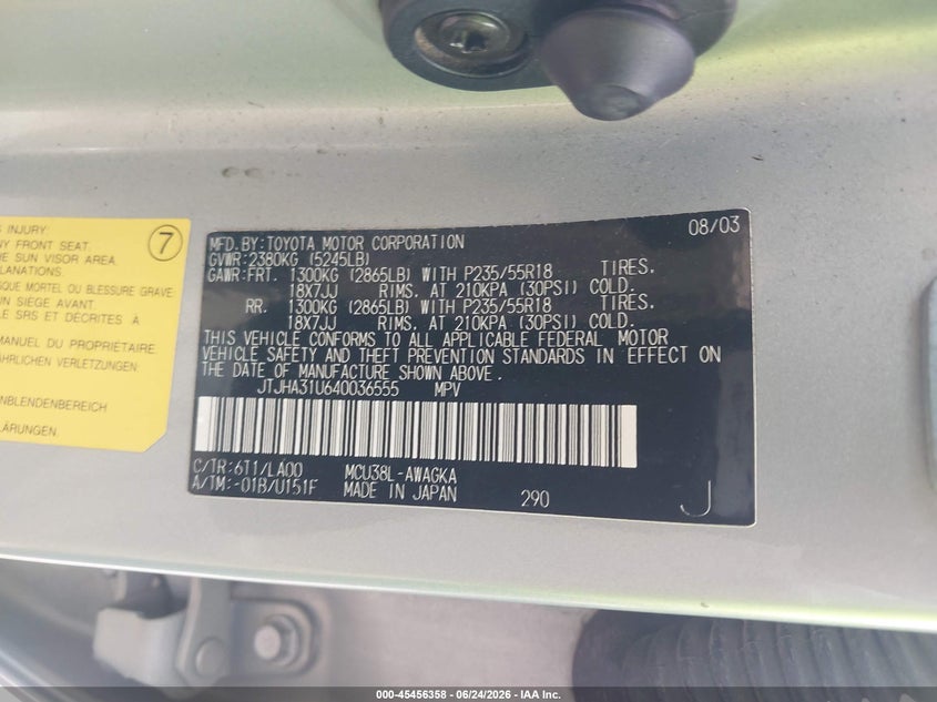 2004 Lexus Rx 330 VIN JTJHA31U640036555 IAAI salvage auction — NORMAL WEAR, Original (Texas), sold $1,200 on 2026-07-24 (photo 9)