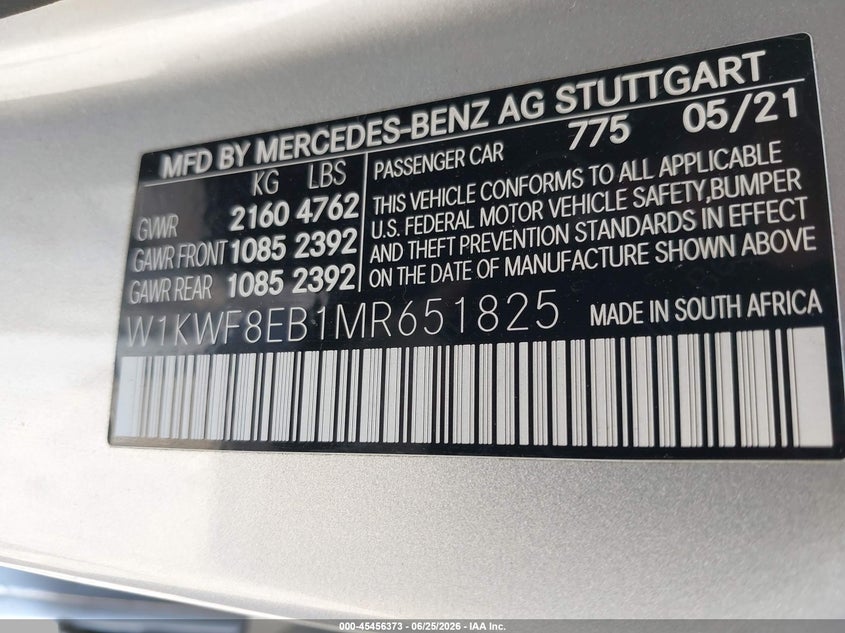 2021 Mercedes-benz C-klasse VIN W1KWF8EB1MR651825 IAAI salvage auction — REAR END, Salvage (Virginia), sold $13,300 on 2026-07-11 (photo 9)