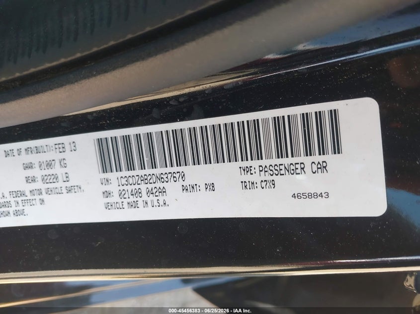 2013 Dodge Avenger VIN 1C3CDZAB2DN637670 IAAI salvage auction — REAR END, Salvage Title, sold $1,850 on 2026-09-03 (photo 9)