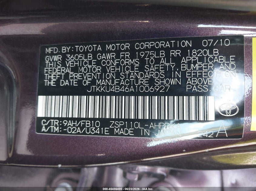 2010 Scion Xd VIN JTKKU4B46A1006927 IAAI salvage auction — NORMAL WEAR, Clear (Florida), sold $1,300 on 2026-07-08 (photo 9)