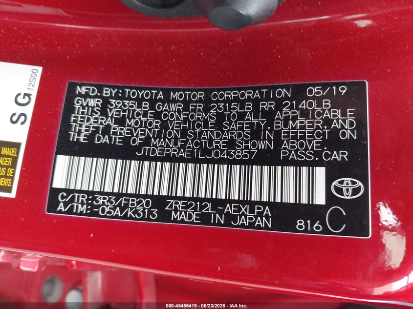 2020 Toyota Corolla VIN JTDEPRAE1LJ043857 IAAI salvage auction — FRONT END, Salvage Title, sold $2,900 on 2026-08-01 (photo 9)