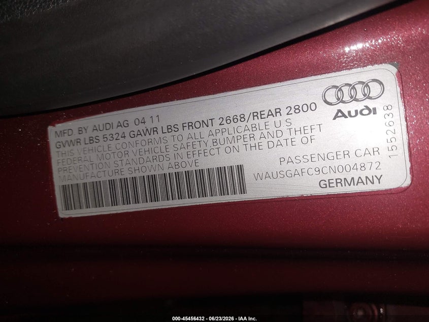 2012 Audi A7 VIN WAUSGAFC9CN004872 IAAI salvage auction — RIGHT REAR, Salvage (Virginia), sold $4,475 on 2026-07-16 (photo 9)