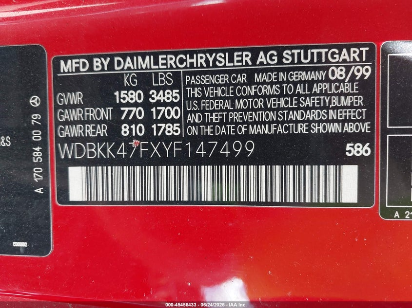2000 Mercedes-benz Slk-klasse VIN WDBKK47FXYF147499 IAAI salvage auction — NORMAL WEAR, Original (Maine), sold $1,525 on 2026-07-06 (photo 9)