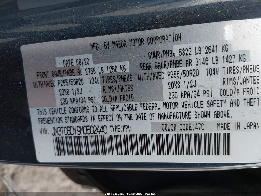 2021 Mazda Cx-9 VIN JM3TCBDY9M0502440 IAAI salvage auction — RIGHT FRONT, Salvage (Wisconsin), sold $6,650 on 2026-07-15 (photo 9)