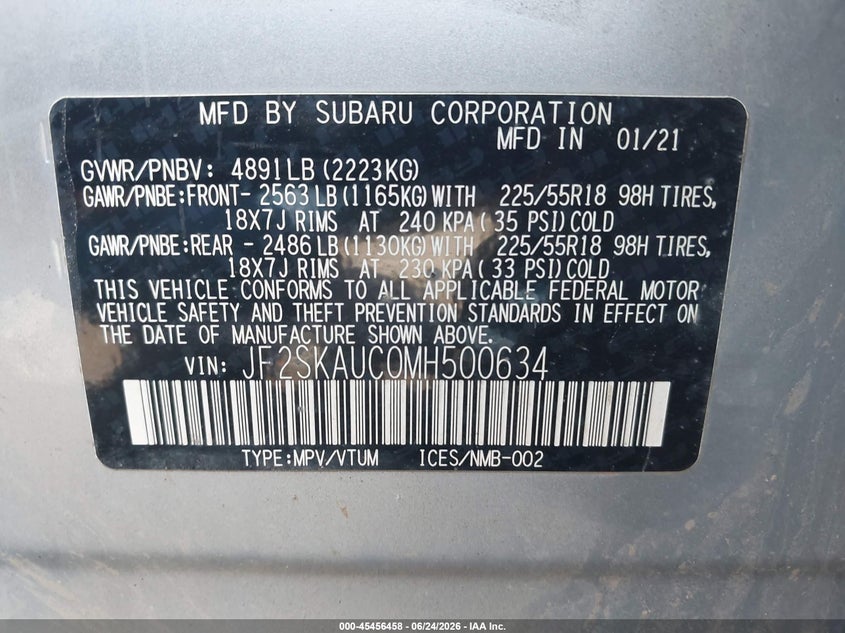 2021 Subaru Forester VIN JF2SKAUC0MH500634 IAAI salvage auction — FRONT END, Salvage Title, sold $3,900 on 2026-07-23 (photo 9)