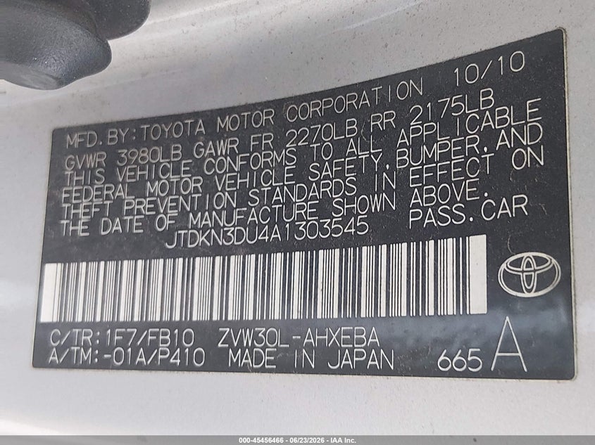 2010 Toyota Prius VIN JTDKN3DU4A1303545 IAAI salvage auction — NORMAL WEAR, Original (Texas), sold $925 on 2026-07-21 (photo 9)