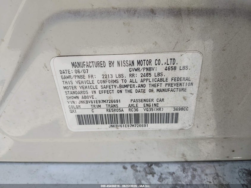 2007 Infiniti G35 VIN JNKBV61E97M726691 IAAI salvage auction — FRONT END, Lien Papers (California), sold $575 on 2026-07-09 (photo 9)