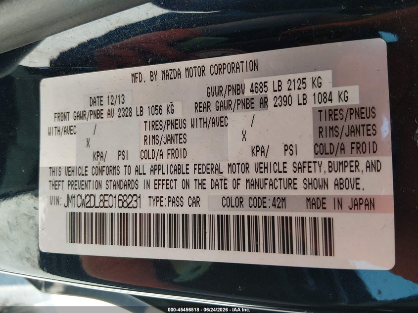 2014 Mazda 5 VIN JM1CW2DL8E0168231 IAAI salvage auction — REAR END, Salvage Title, sold $325 on 2026-07-24 (photo 9)