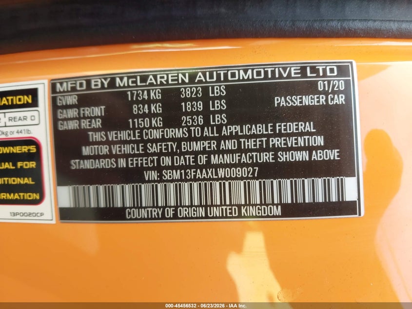 2020 Mclaren 570s VIN SBM13FAAXLW009027 IAAI salvage auction — UNKNOWN, Salvage Title, sold $70,000 on 2026-09-02 (photo 9)