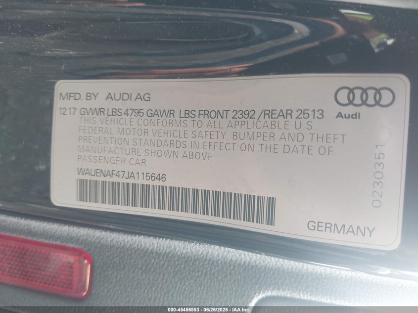 2018 Audi A4 VIN WAUENAF47JA115646 IAAI salvage auction — ENGINE DAMAGE, Salvage (Massachusetts), sold $4,750 on 2026-07-23 (photo 9)