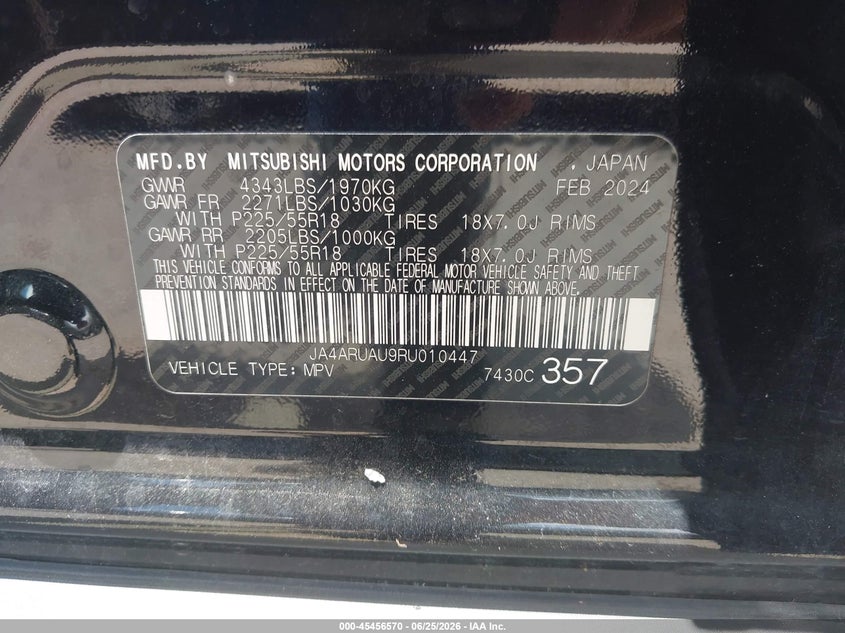 2024 Mitsubishi Outlander VIN JA4ARUAU9RU010447 IAAI salvage auction — REAR END, Rebuildable (Florida), sold $4,100 on 2026-07-30 (photo 9)
