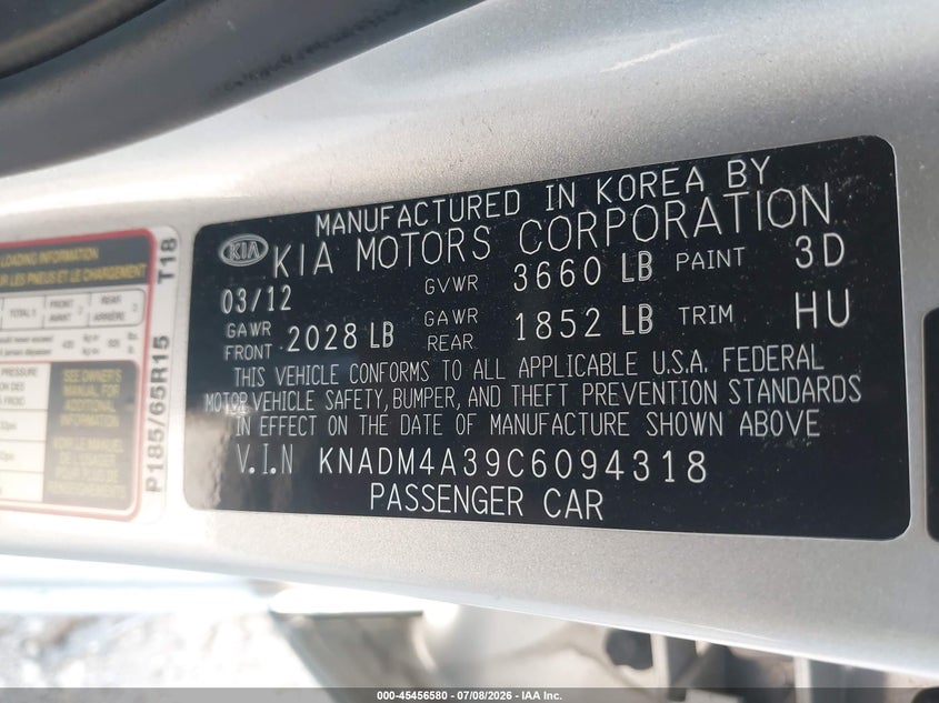 2012 Kia Rio VIN KNADM4A39C6094318 IAAI salvage auction — THEFT, Salvage Title, sold $325 on 2026-07-29 (photo 9)