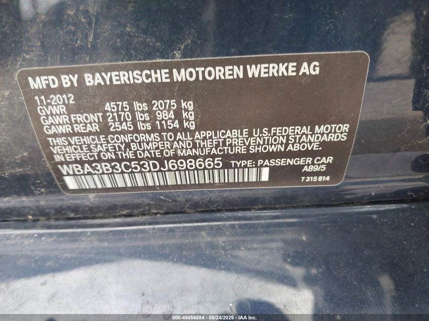 2013 BMW 3er VIN WBA3B3C53DJ698665 IAAI salvage auction — UNKNOWN, Salvage (Illinois), sold $550 on 2026-08-05 (photo 9)