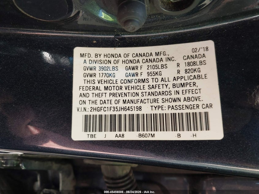 2018 Honda Civic VIN 2HGFC1F35JH645198 IAAI salvage auction — FRONT END, Salvage Title, sold $3,250 on 2026-07-26 (photo 9)