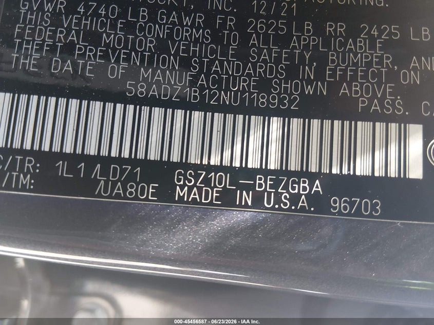 2022 Lexus ES VIN 58ADZ1B12NU118932 IAAI salvage auction — FRONT END, Salvage (South Carolina), sold $15,300 on 2026-07-29 (photo 9)