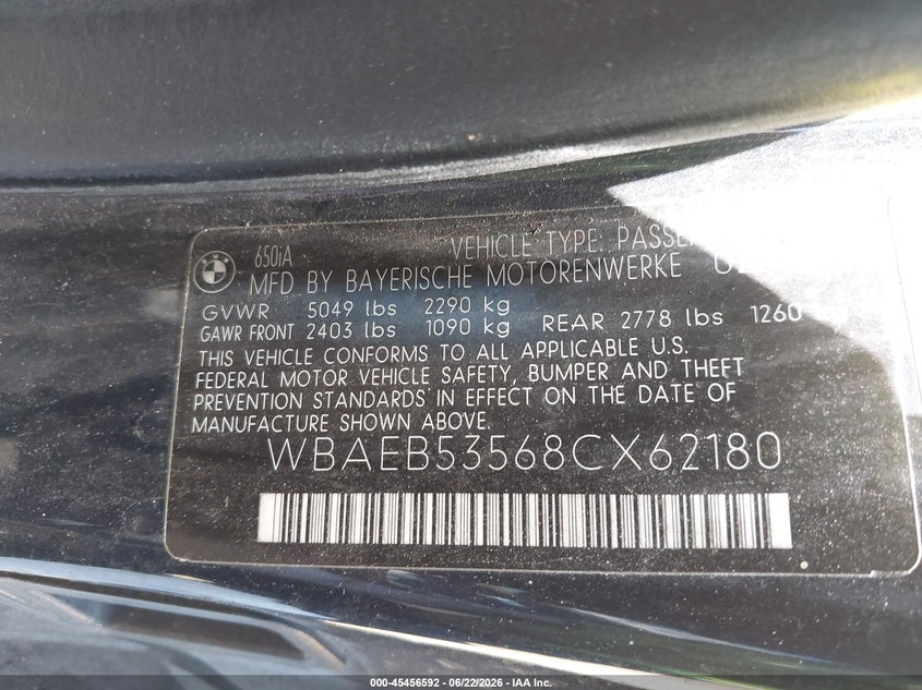 2008 BMW 6er VIN WBAEB53568CX62180 IAAI salvage auction — NORMAL WEAR, App For Dup Salv Title - Dealer (California), sold $825 on 2026-07-27 (photo 9)