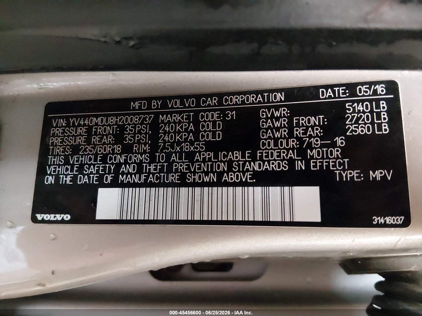 2017 Volvo Xc60 VIN YV440MDU8H2008737 IAAI salvage auction — HAIL, Salvage (Kansas), sold $3,450 on 2026-08-14 (photo 9)