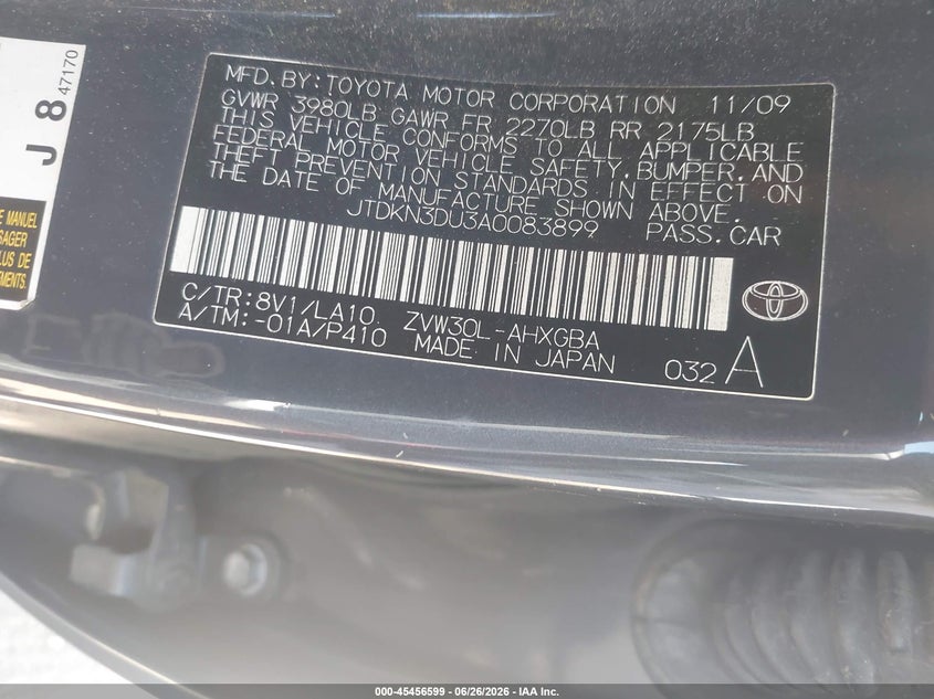 2010 Toyota Prius VIN JTDKN3DU3A0083899 IAAI salvage auction — NORMAL WEAR, Clear - Dealer Only (California), sold $1,900 on 2026-07-07 (photo 9)