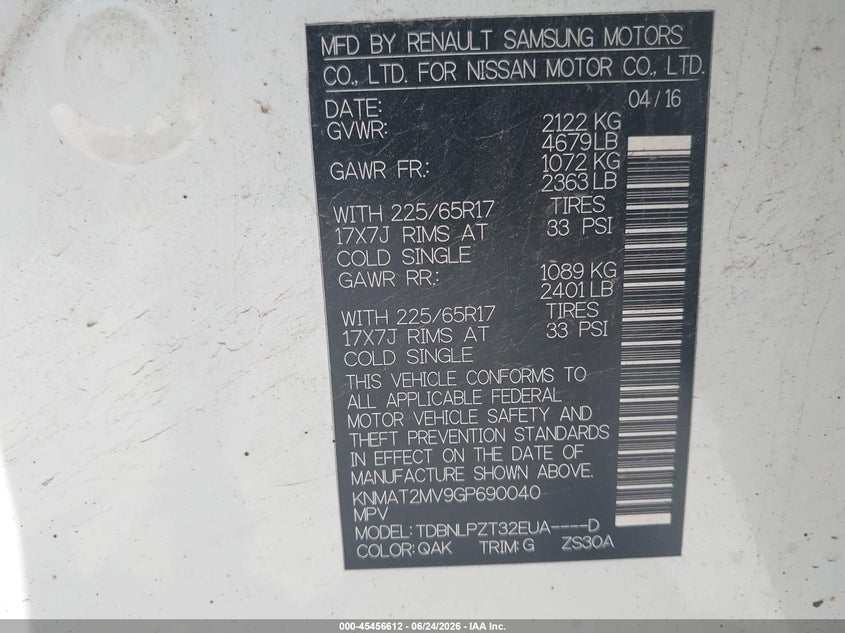 2016 Nissan Rogue VIN KNMAT2MV9GP690040 IAAI salvage auction — FRONT END, Salvage (Pennsylvania), sold $300 on 2026-07-22 (photo 9)