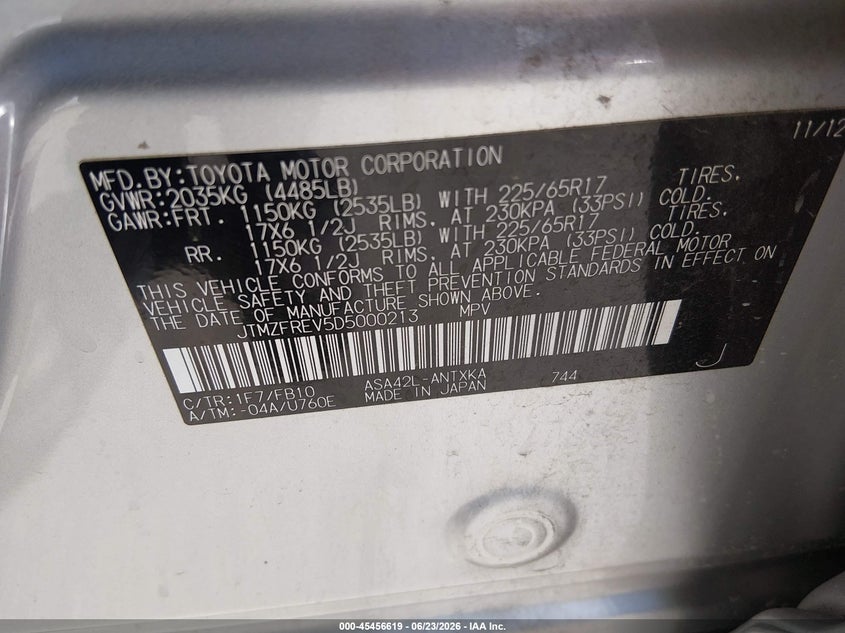 2013 Toyota Rav 4 VIN JTMZFREV5D5000213 IAAI salvage auction — RIGHT SIDE, Salvage Title, sold $3,350 on 2026-07-23 (photo 9)