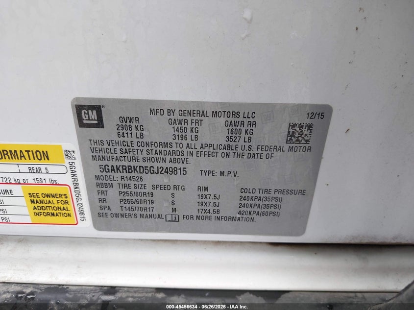 2016 Buick Enclave VIN 5GAKRBKD5GJ249815 IAAI salvage auction — STORM DAMAGE, Certificate Of Title (Nebraska), sold $700 on 2026-07-19 (photo 9)