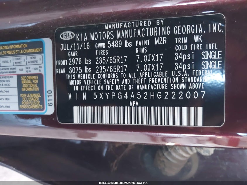 2017 Kia Sorento VIN 5XYPG4A52HG222007 IAAI salvage auction — NORMAL WEAR, Clear - Dealer Only (California), sold $1,450 on 2026-07-28 (photo 9)