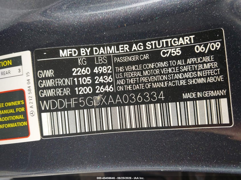 2010 Mercedes-benz E-class VIN WDDHF5GBXAA036334 IAAI salvage auction — WATER/FLOOD, Salvage (Texas), sold $425 on 2026-07-23 (photo 9)