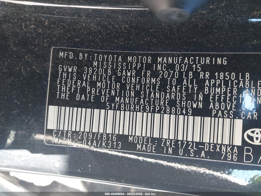 2015 Toyota Corolla VIN 5YFBURHE9FP288049 IAAI salvage auction — SIDE, Junk Bill Of Sale Mv2459 (Wisconsin), sold $325 on 2026-07-28 (photo 9)