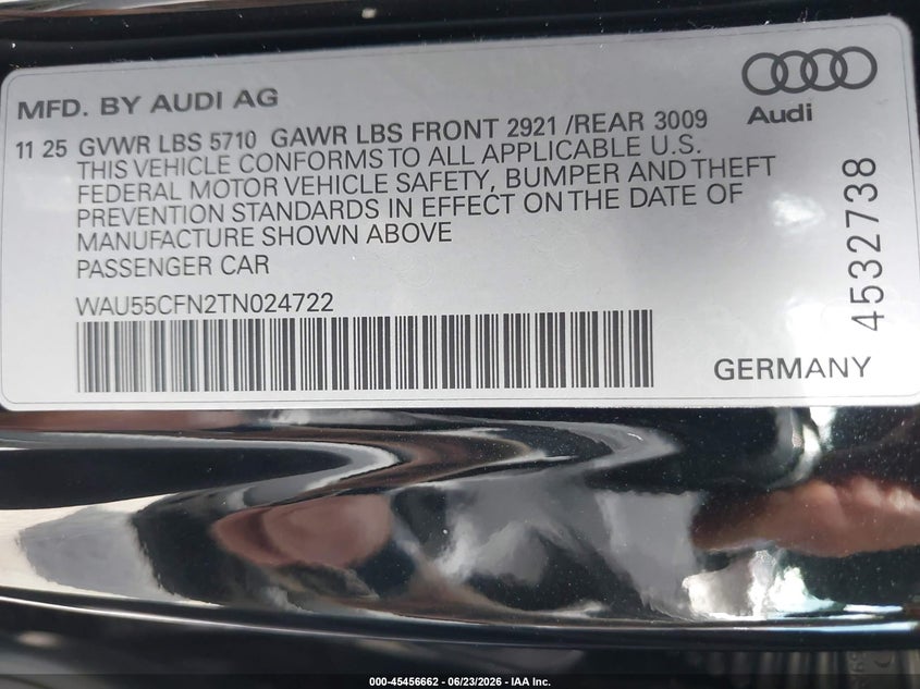 2026 Audi A6 VIN WAU55CFN2TN024722 IAAI salvage auction — LEFT FRONT, Salvage Title, sold $16,600 on 2026-09-08 (photo 9)