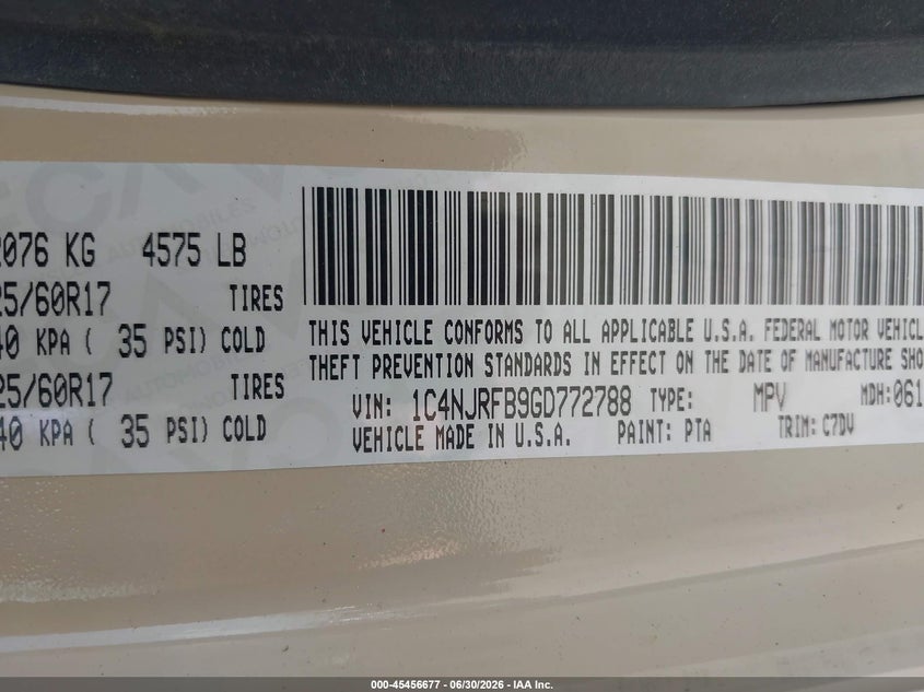 2016 Jeep Liberty (patriot) VIN 1C4NJRFB9GD772788 IAAI salvage auction — FRONT END, Salvage (Ohio), sold $1,750 on 2026-07-25 (photo 9)