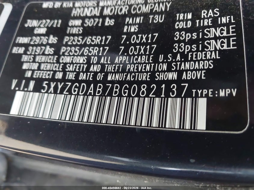 2011 Hyundai Santa fe VIN 5XYZGDAB7BG082137 IAAI salvage auction — NORMAL WEAR, Clear (Virginia), sold $600 on 2026-07-27 (photo 9)