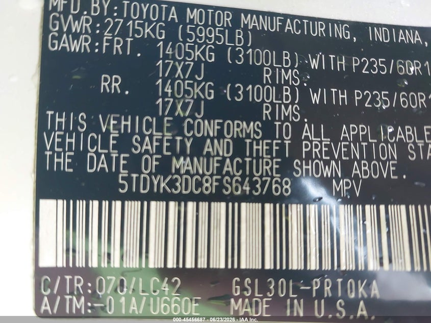 2015 Toyota Sienna VIN 5TDYK3DC8FS643768 IAAI salvage auction — REAR END, Clear (Virginia), sold $4,050 on 2026-07-27 (photo 9)