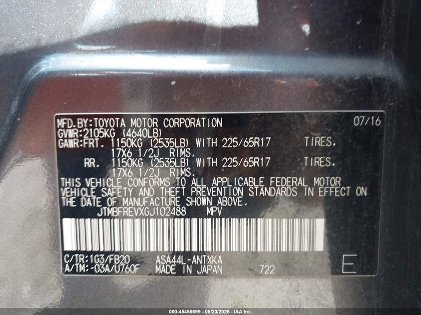 2016 Toyota Rav 4 VIN JTMBFREVXGJ102488 IAAI salvage auction — REAR END, Clear (Tennessee), sold $4,950 on 2026-07-30 (photo 9)
