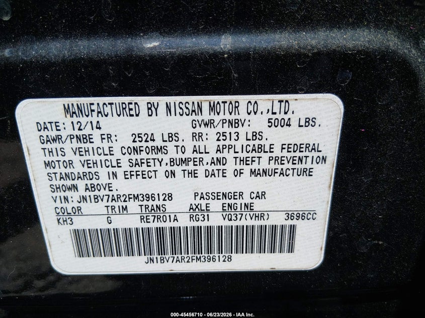 2015 Infiniti Q50 VIN JN1BV7AR2FM396128 IAAI salvage auction — FRONT END, Salvage (Tennessee), sold $475 on 2026-07-09 (photo 9)
