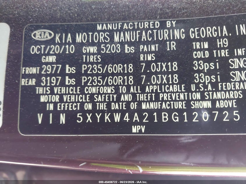 2011 Kia Sorento VIN 5XYKW4A21BG120725 IAAI salvage auction — REAR END, Salvage (North Carolina), sold $1,100 on 2026-07-20 (photo 9)