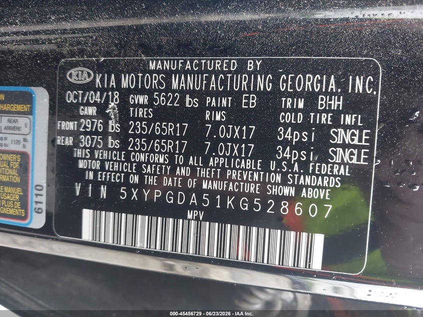 2019 Kia Sorento VIN 5XYPGDA51KG528607 IAAI salvage auction — SUSPENSION, Salvage Title, sold $1,850 on 2026-07-25 (photo 9)