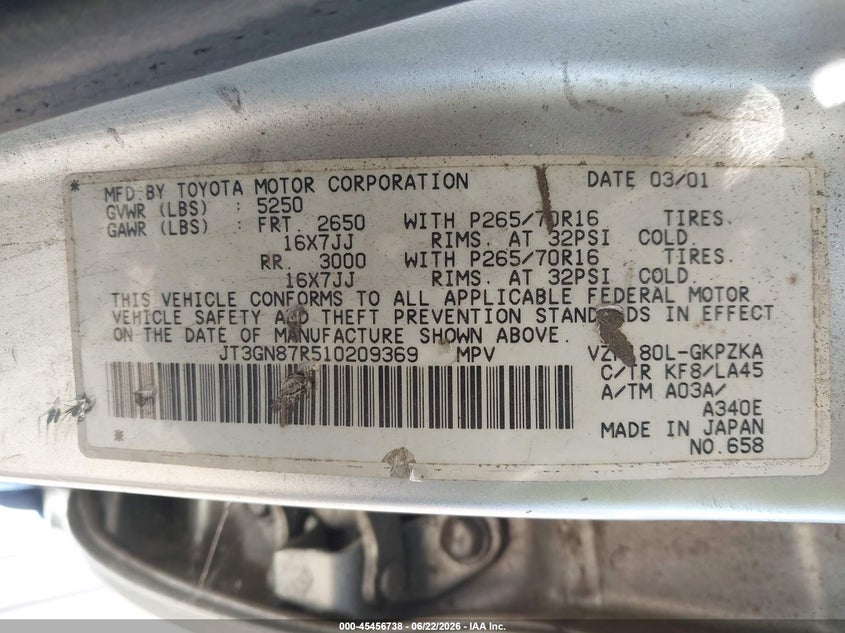 2001 Toyota 4runner VIN JT3GN87R510209369 IAAI salvage auction — NORMAL WEAR, Clear - Dealer Only (California), sold $950 on 2026-07-29 (photo 9)