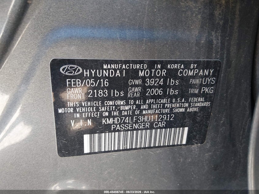 2017 Hyundai Elantra VIN KMHD74LF3HU112912 IAAI salvage auction — REAR END, Clear (Indiana), sold $800 on 2026-07-22 (photo 9)