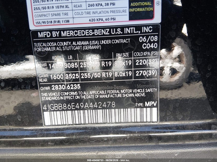 2009 Mercedes-benz Ml-class VIN 4JGBB86E49A442478 IAAI salvage auction — NORMAL WEAR, Clear (Nevada), sold $325 on 2026-07-10 (photo 9)