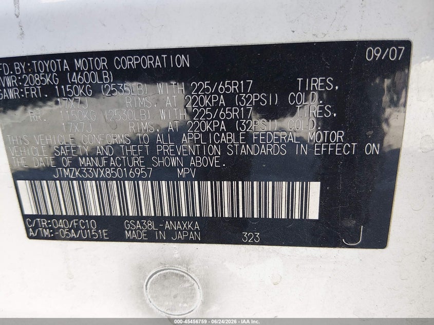 2008 Toyota Rav4 VIN JTMZK33VX85016957 IAAI salvage auction — NORMAL WEAR, Clear (Nevada), sold $650 on 2026-07-17 (photo 9)