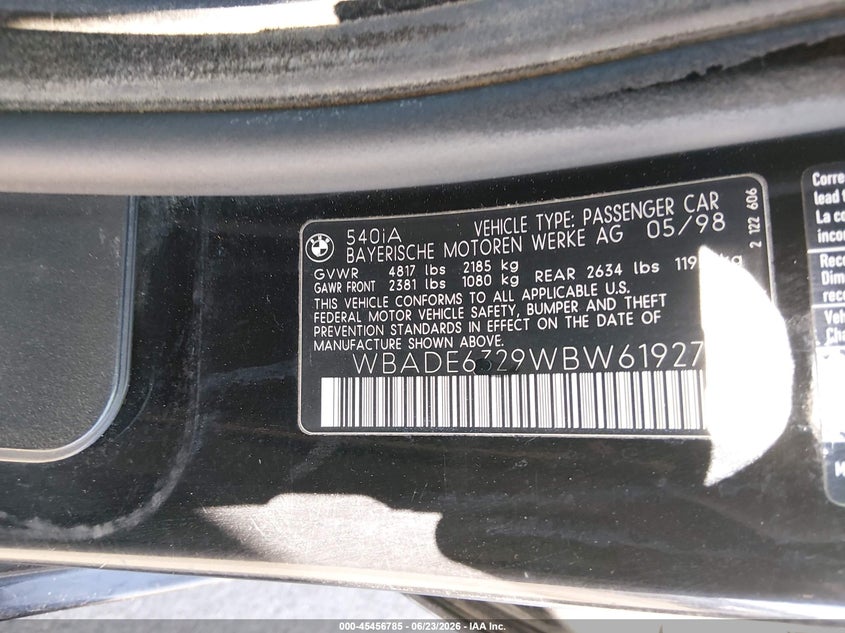 1998 BMW 5er VIN WBADE6329WBW61927 IAAI salvage auction — ALL OVER, Clear (Idaho), sold $500 on 2026-07-09 (photo 9)