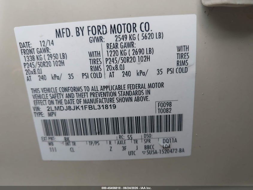 2015 Lincoln Mkx VIN 2LMDJ8JK1FBL31819 IAAI salvage auction — ROLLOVER, Salvage (Kansas), sold $550 on 2026-07-12 (photo 9)