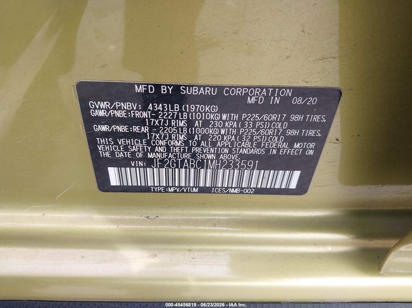 2021 Subaru Xv VIN JF2GTABC1MH233591 IAAI salvage auction — STORM DAMAGE, Salvage (Nebraska), sold $2,350 on 2026-07-13 (photo 9)