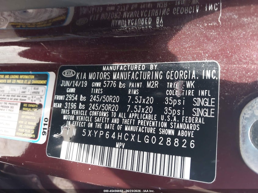 2020 Kia Telluride VIN 5XYP64HCXLG028826 IAAI salvage auction — FRONT & REAR, Salvage (Indiana), sold $3,950 on 2026-07-29 (photo 9)